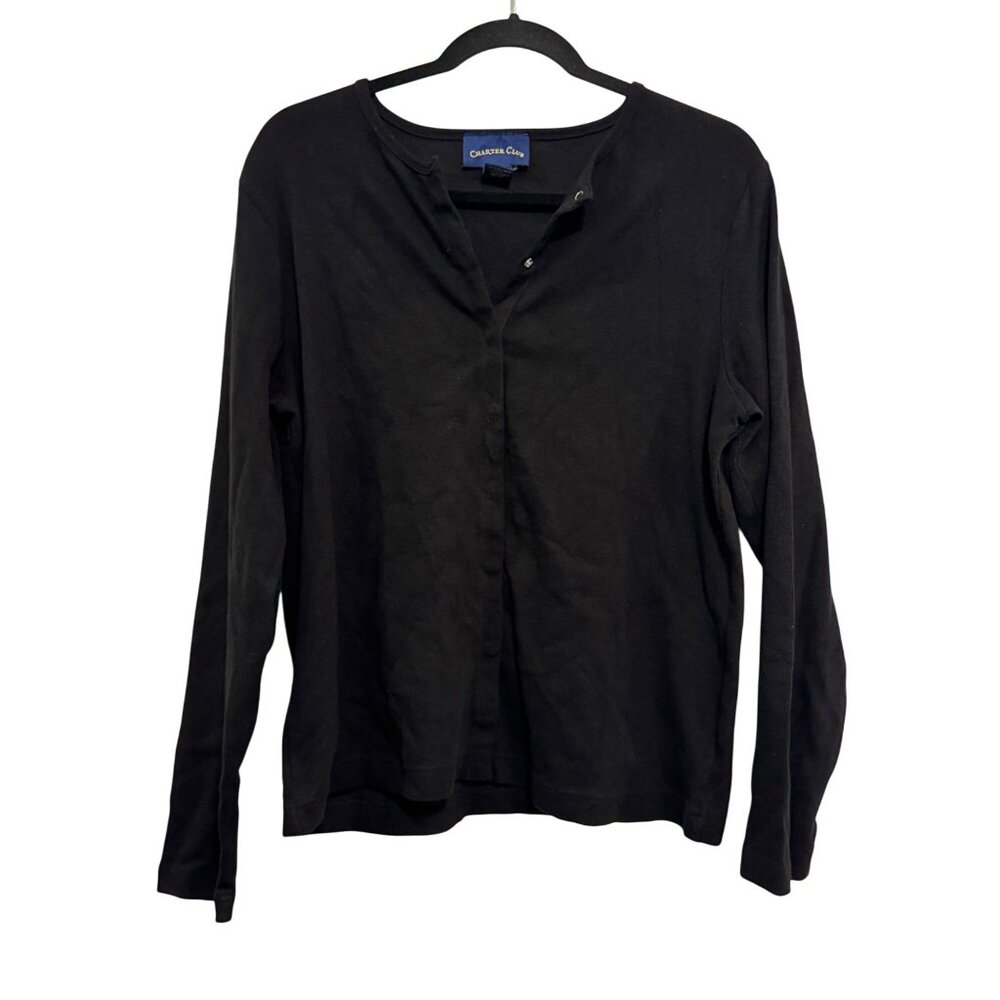 Charter Club Long Sleeve Black Womens Top Size L 95% Cotton Stretch Guatemala